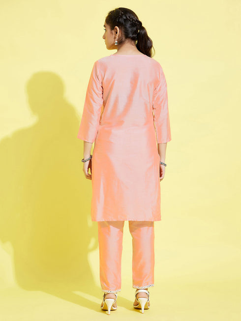 Girl's' Pink Viscose Kurta And Straight Pant Set